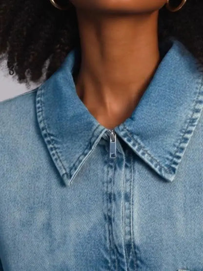 Women's Denim Dress Half-Zip Collared Vintage Washed Blue Loose Fit Long Sleeve
