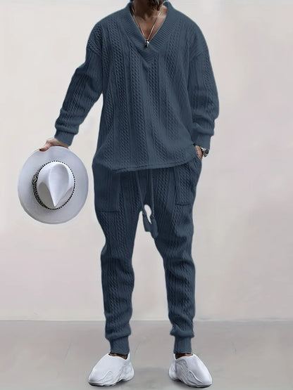 Mens V Neck Sweatshirt Jacquard Tracksuit 2 Piece Men Baggy Sweatsuit Sets Men's Jogging Tracksuit Set Outfit for Men