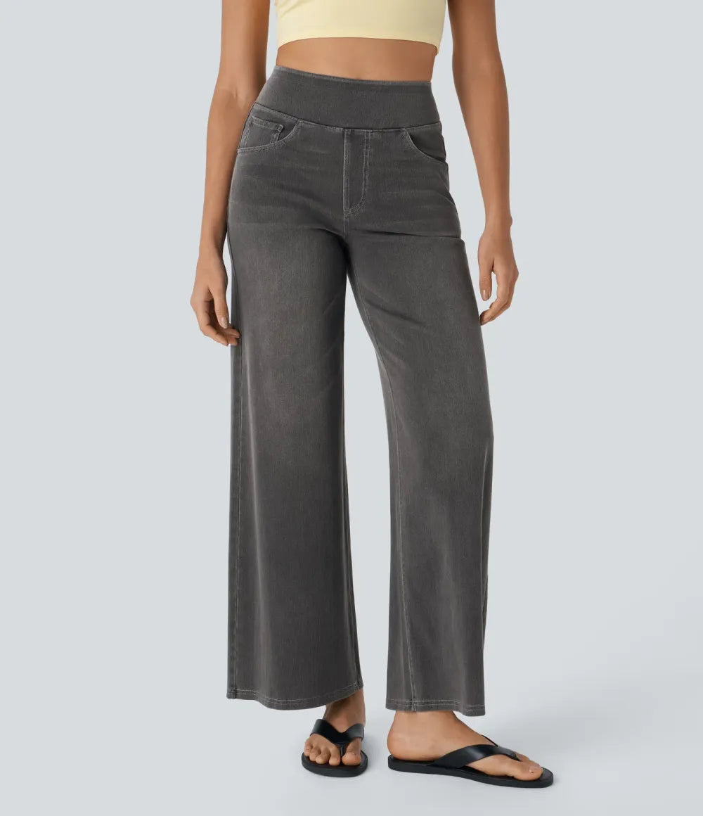 💝Last Day Promotion⚡High Waisted Multiple Pockets Baggy Wide Leg Washed Stretchy Knit Casual Jeans