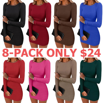 Women Long Sleeve Bodycon Mini Dress Sexy Crewneck 2025 Fall Ribbed Knit Slim Fit Party Cocktail Night Short Dresses