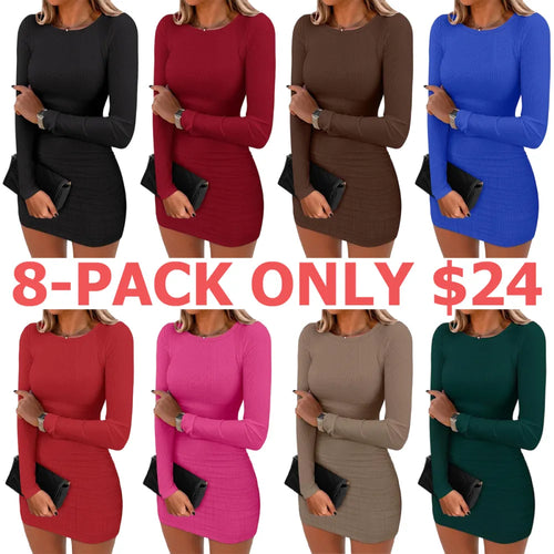 Women Long Sleeve Bodycon Mini Dress Sexy Crewneck 2025 Fall Ribbed Knit Slim Fit Party Cocktail Night Short Dresses