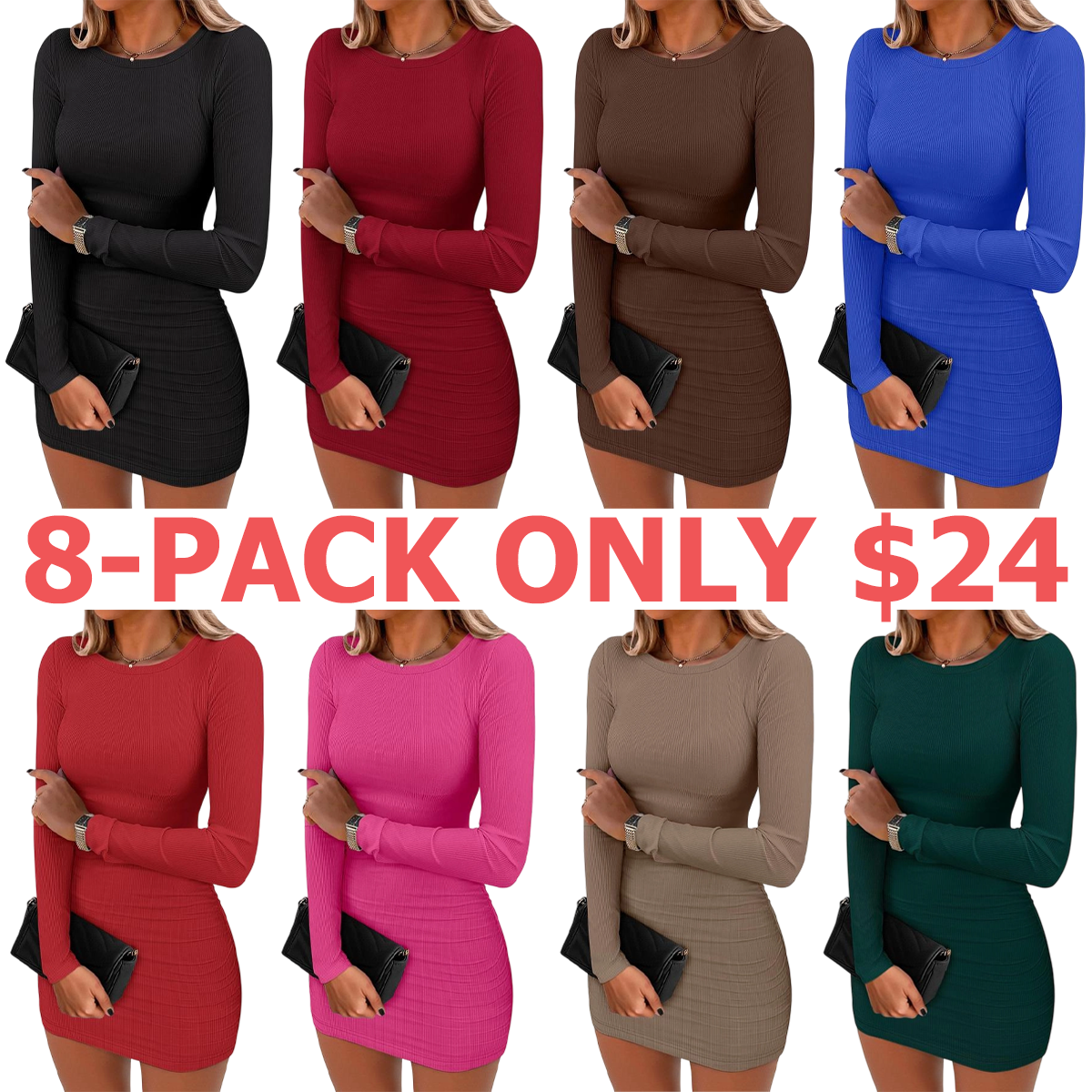 Women Long Sleeve Bodycon Mini Dress Sexy Crewneck 2025 Fall Ribbed Knit Slim Fit Party Cocktail Night Short Dresses