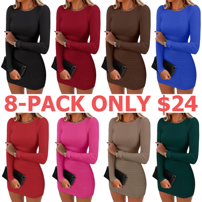 Women Long Sleeve Bodycon Mini Dress Sexy Crewneck 2025 Fall Ribbed Knit Slim Fit Party Cocktail Night Short Dresses