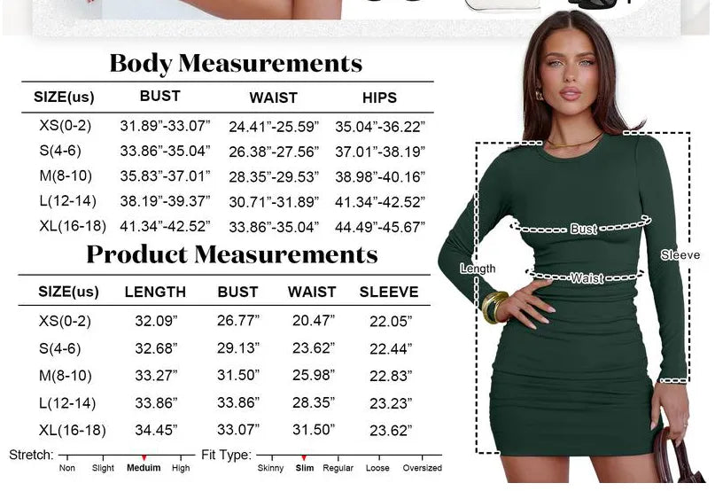 Women Long Sleeve Bodycon Mini Dress Sexy Crewneck 2025 Fall Ribbed Knit Slim Fit Party Cocktail Night Short Dresses