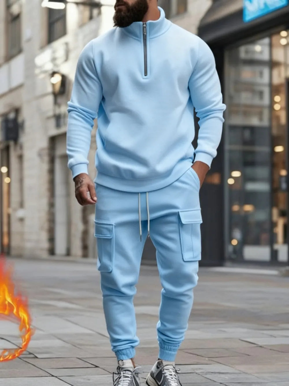 Men's Casual Fleece Lined Zipper Work Pants Set