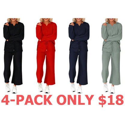 Women 2-Piece Outfit 2025 Fall Winter Lapel V Neck Long Sleeve Pullover and Wide Leg Pants Lounge Sets Pockets