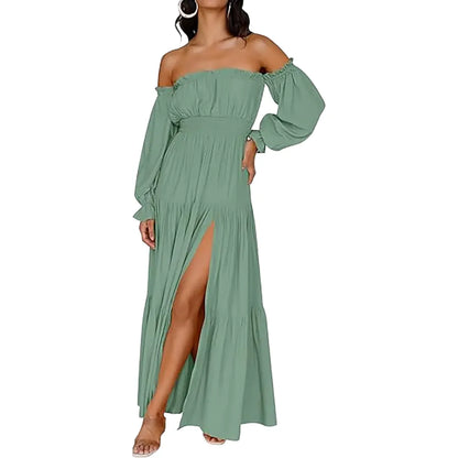 Women's Boho Off Shoulder Long Sleeve High Waist Side Split Long Maxi Dress