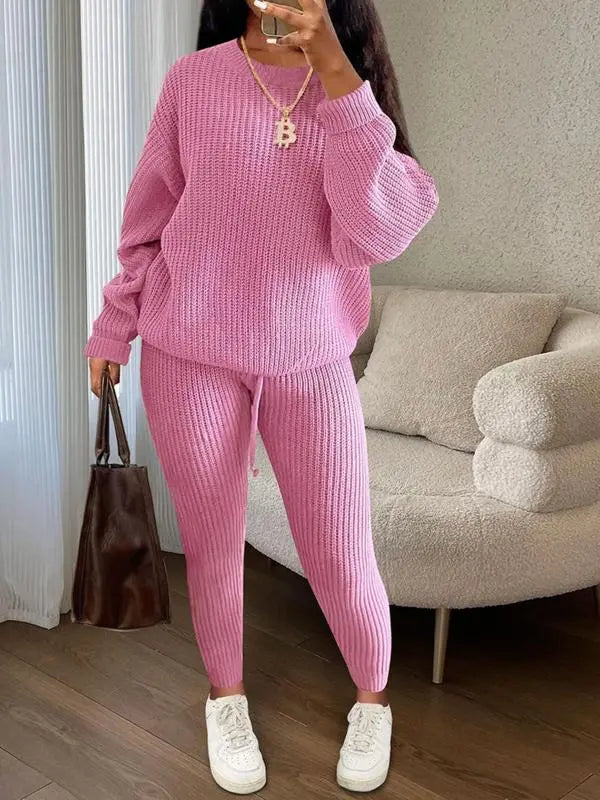 Women's Solid Drop Shoulder Long Sleeve Sweater & Drawstring Waist Pants Set