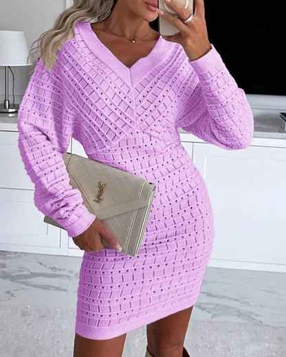 Women V Neck Knit Sweater Dress Pullover Hollow Out Casual Batwing Sleeve