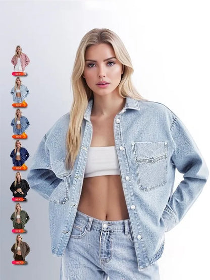 Women's Solid-Color Button-Down Denim Jacket
