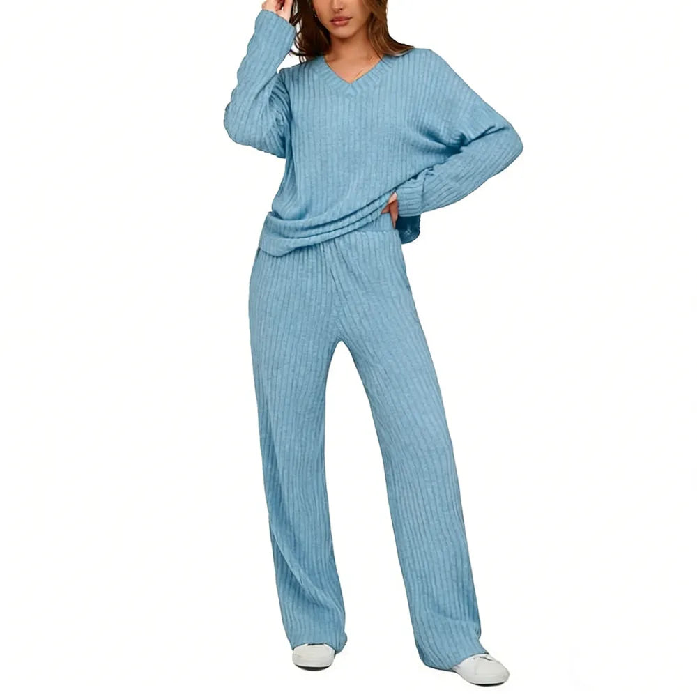 Women's 2 Piece Lounge Sets Ribbed Knit Long Sleeve V Neck Pullover Tops Wide Leg Pants Fall Winter Outfits