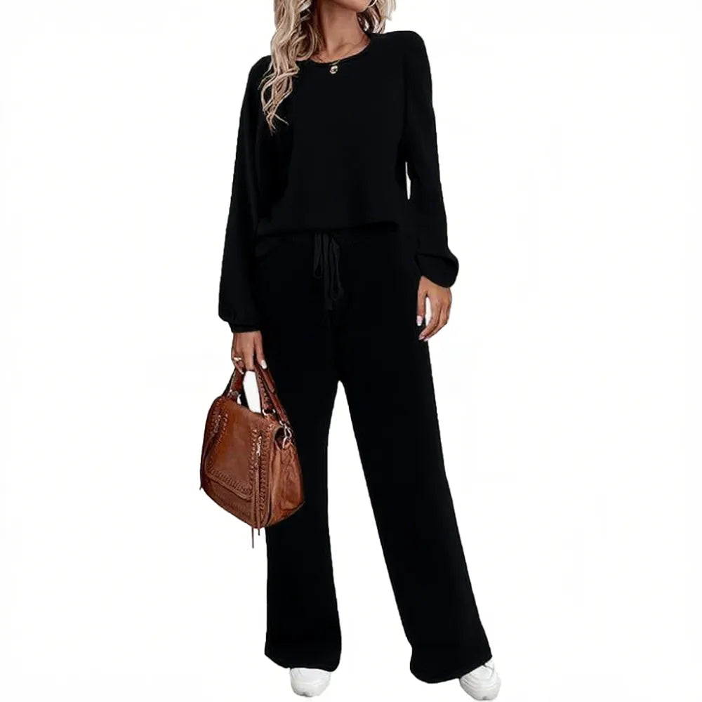 Women's two-piece set long sleeved pullover top with pockets wide leg pants casual set Pajama Loungewear Nightwear