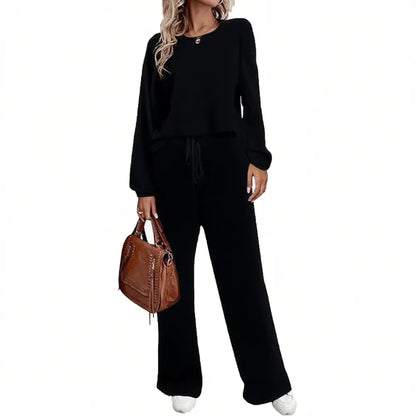 Women's two-piece set long sleeved pullover top with pockets wide leg pants casual set Pajama Loungewear Nightwear