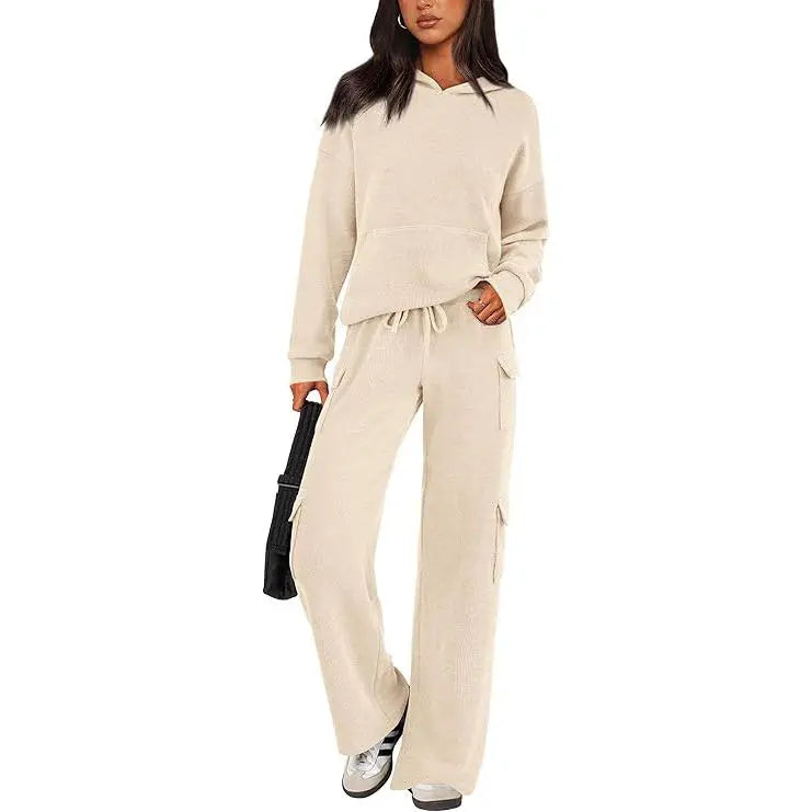 Womens Fall Outfit 2-Piece Knitted Sets Hoodie Tracksuits Wide Leg Pants With Pocket And DrawString Long Sleeve Hooded Kangoroo Pocket Tops Knitwear Sporty Loungwear, Womenswear Travel Outfit