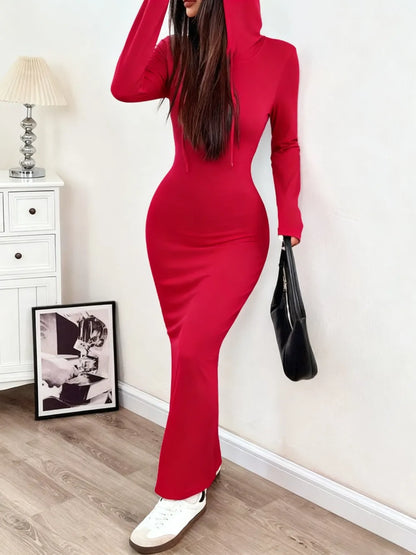 Women's Hooded Drawstring Slim Fit Long Sleeve Knit Dress