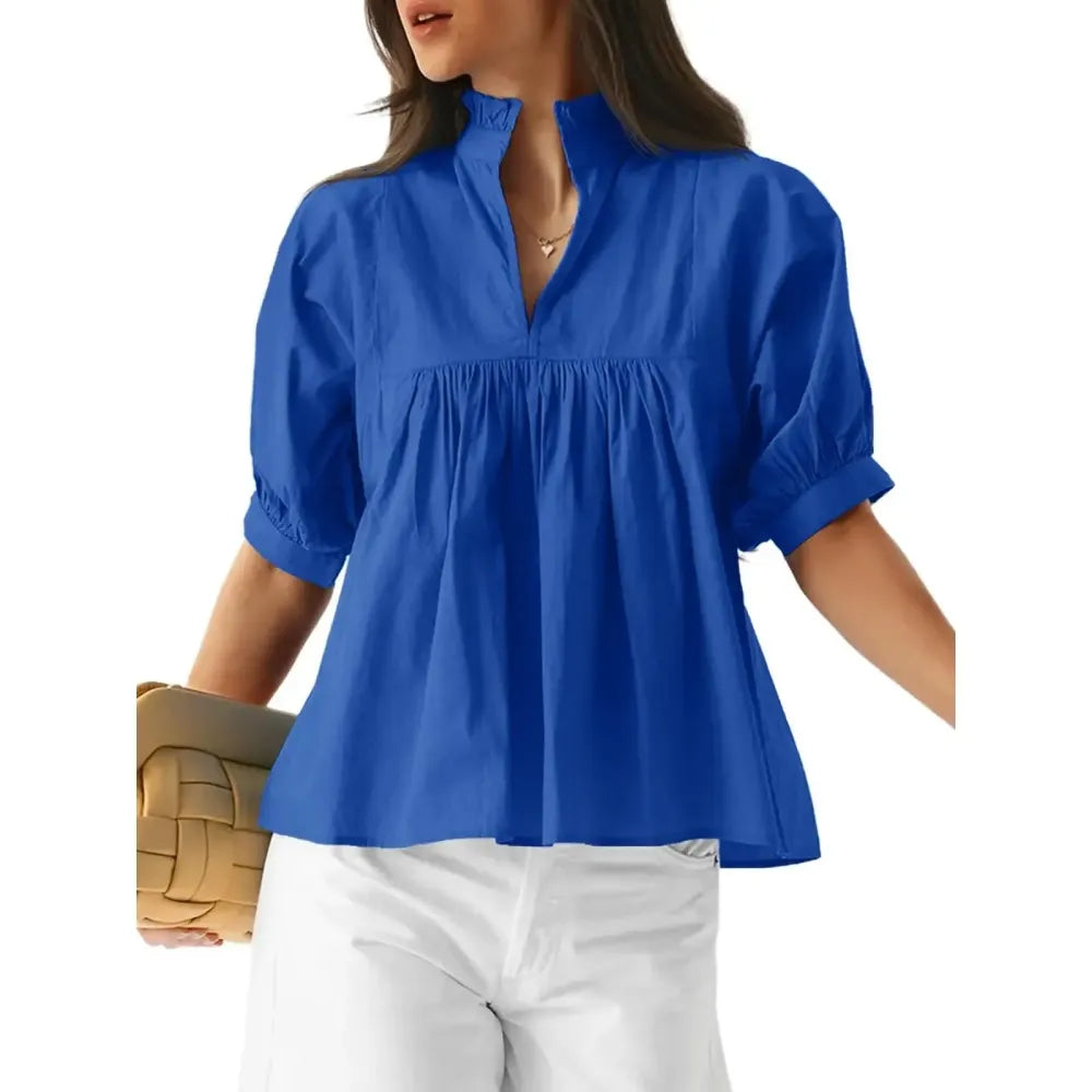 Womens V Neck Puff Sleeve Blouse Babydoll Peplum Tops Dressy Casual Pleated Loose Fit Shirts