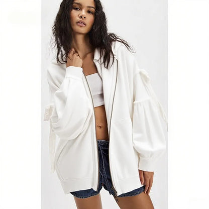 Women's Fall/Winter Zip Up Hoodies with Pockets Stylish Solid Bow Tie Long Sleeve Sweatshirt Jackets