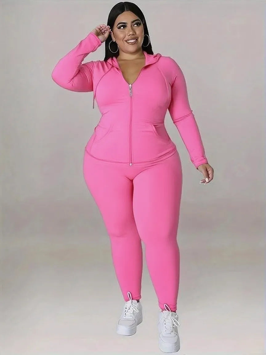 Women's Solid Color Hoodie Long Sleeve Top and Pants Sports Set