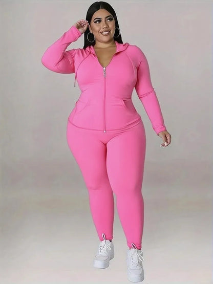 Women's Solid Color Hoodie Long Sleeve Top and Pants Sports Set