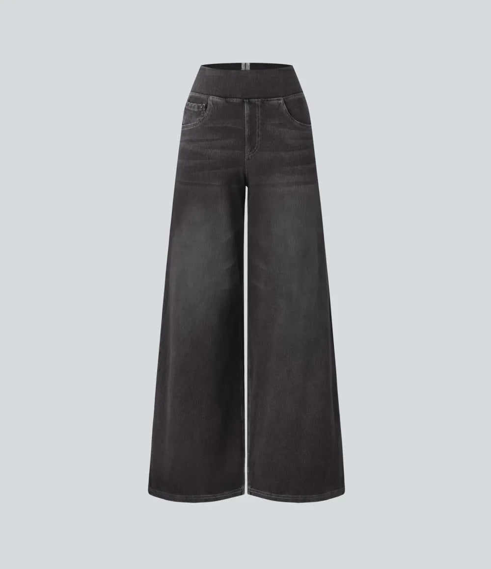 💝Last Day Promotion⚡High Waisted Multiple Pockets Baggy Wide Leg Washed Stretchy Knit Casual Jeans