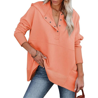 Women's Casual Oversized Sweatshirts Hoodies Button V Neck Long Sleeve Cotton Henley Pullover Hooded Tops 2025 Womenswear Winter Outfits Clothes