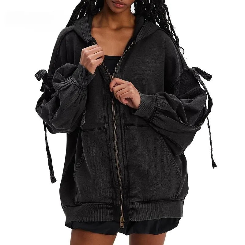 Women's Fall/Winter Zip Up Hoodies with Pockets Stylish Solid Bow Tie Long Sleeve Sweatshirt Jackets