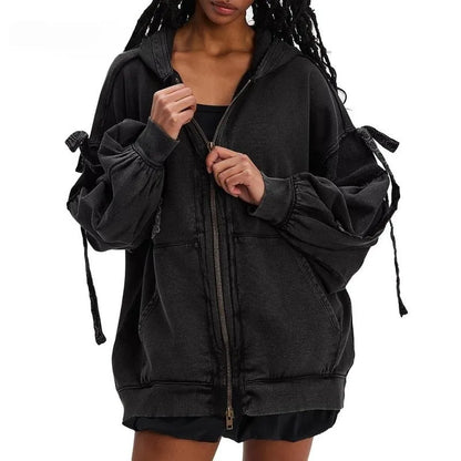 Women's Fall/Winter Zip Up Hoodies with Pockets Stylish Solid Bow Tie Long Sleeve Sweatshirt Jackets
