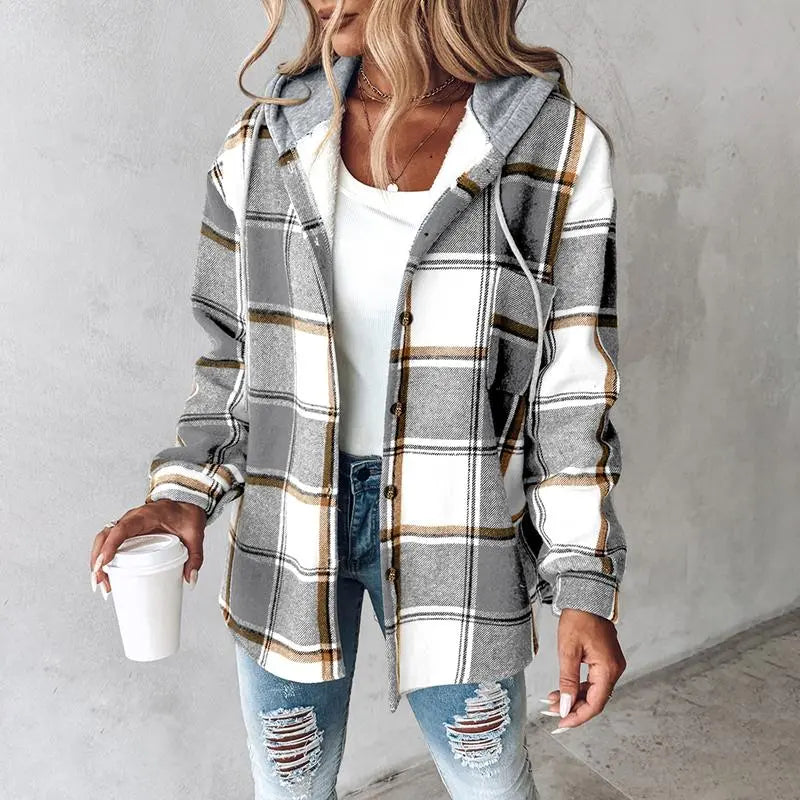 Women's Plaid Pattern Long Sleeve Shacket Button Down Fleece Lined Hooded Jackets Warm Coat Casual Womenswear Comfort Outdoor Soft