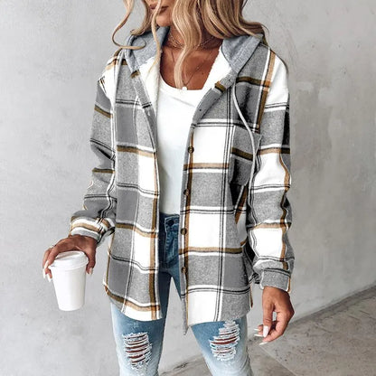 Women's Plaid Pattern Long Sleeve Shacket Button Down Fleece Lined Hooded Jackets Warm Coat Casual Womenswear Comfort Outdoor Soft