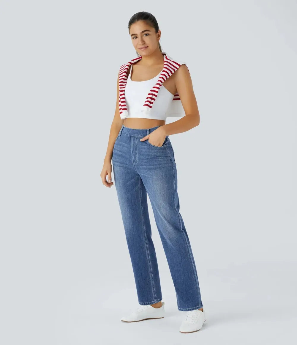 Stretch-Knit Straight-Leg Jeans with Multiple Pockets