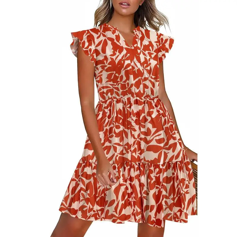 Women's Floral Printed Ruffle Sleeve Tiered Mini Dress