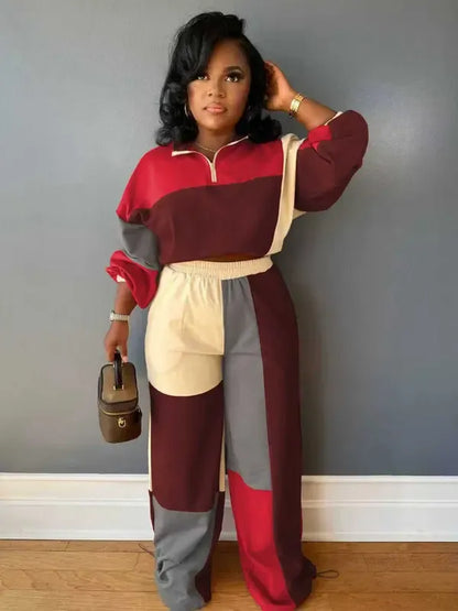 Set Women's Colorblock Zip Up Jacket & Wide Leg Pants