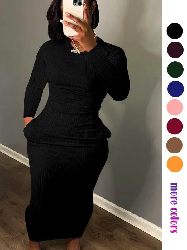 Women's Solid Pocket Long Sleeve Bodycon Dress