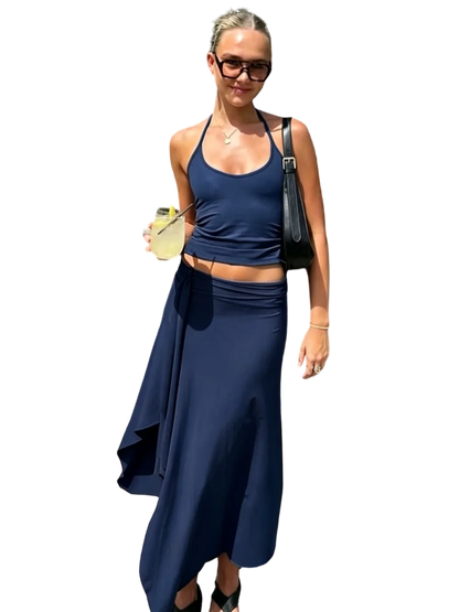 Solid-Color Sleeveless Backless Tie-Strap Camisole and Slim-Fit Side-Slit Maxi Skirt Two-Piece Set