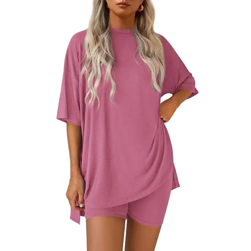 Women's Summer Two-Piece Set 2025 Casual Oversized Crewneck Split Hem Shirts & Side Pocket Biker Shorts Minimalist Lounge Wear Soft Viscose Fabric Comfy Homewear Cozy Pjs