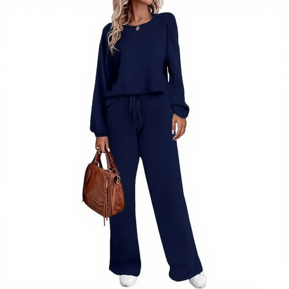 Women's two-piece set long sleeved pullover top with pockets wide leg pants casual set Pajama Loungewear Nightwear