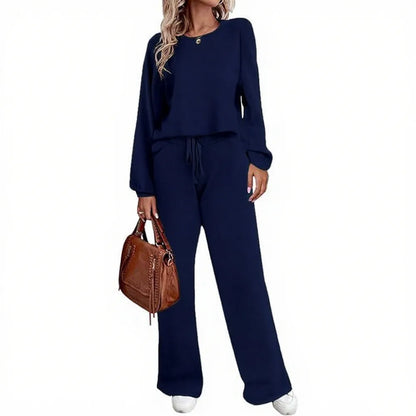 Women's two-piece set long sleeved pullover top with pockets wide leg pants casual set Pajama Loungewear Nightwear