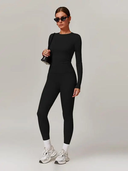 Women's Solid Long Sleeve Skinny & High Waist Leggings Tracksuit Set