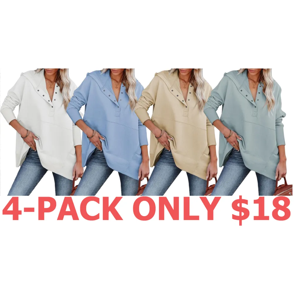 Women's Casual Oversized Sweatshirts Hoodies Button V Neck Long Sleeve Cotton Henley Pullover Hooded Tops 2025 Womenswear Winter Outfits Clothes