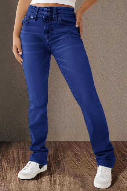 Double Button Mid Waist Straight Leg Jeans
