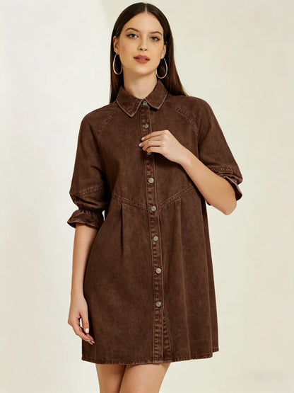 3/4 Lantern Sleeve Babydoll Mini Jean Denim Shirt Dress