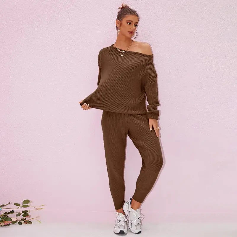 Women's 2025 Fall Winter Knit Set Oversized Sweater & Lounge Pants Matching Sets for Women Striped Knit Basic Black Fitted Long Sleeve Shirts & Blouses