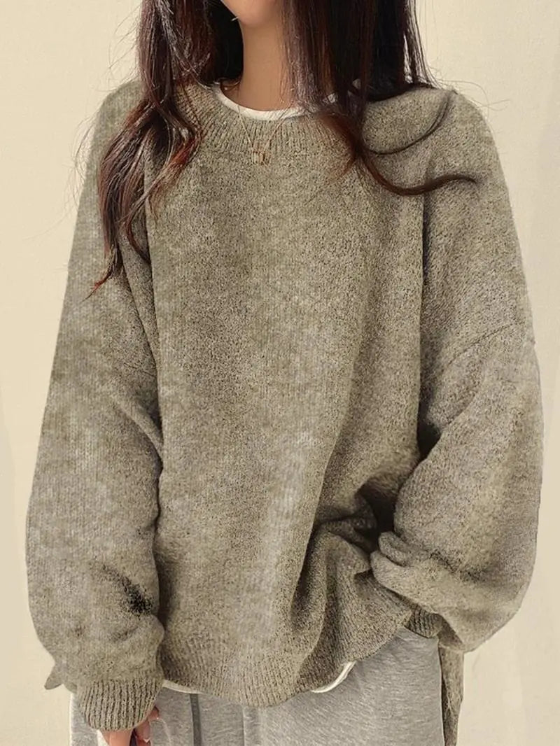 Women's Drop Shoulder Split Hem Sweater, Chic Casual Long Sleeve Round Neck Jumper
