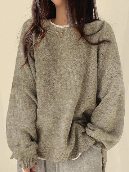 Women's Drop Shoulder Split Hem Sweater, Chic Casual Long Sleeve Round Neck Jumper