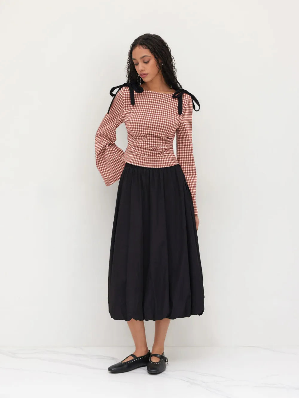 Boat Neck Gingham Bowknot Ruched Long Sleeve Top