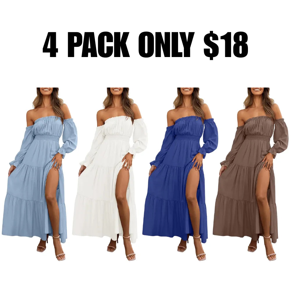Women's Boho Off Shoulder Long Sleeve High Waist Side Split Long Maxi Dress