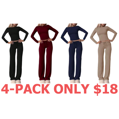 Women's Solid Long Sleeve Crop Top & Drawstring Waist Straight Leg Pants Loungewear Set