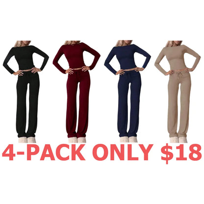 Women's Solid Long Sleeve Crop Top & Drawstring Waist Straight Leg Pants Loungewear Set