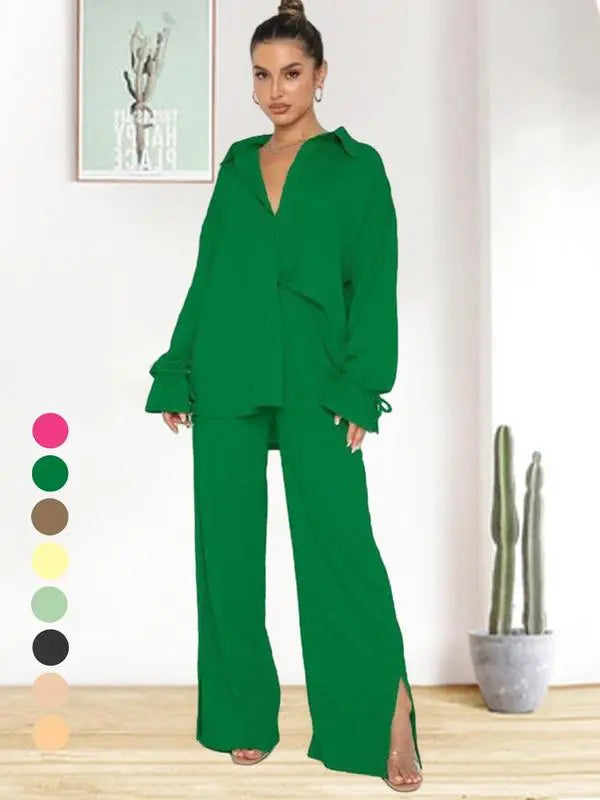 Women's Solid Button Front Shirt & Split Hem Pants Set