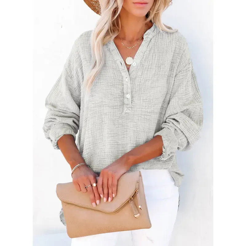 Women's Casual Button V Neck Long Sleeve Shirts